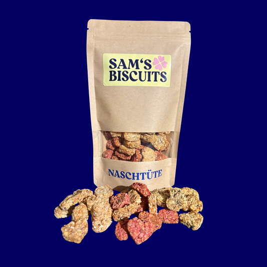 Eine Naschtüte voll mit guten Hundeleckerlis auf blauem Hintergrund. Vor der Tüte liegt ein Haufen veganer hundeleckerlies von SAM'S BISCUITS