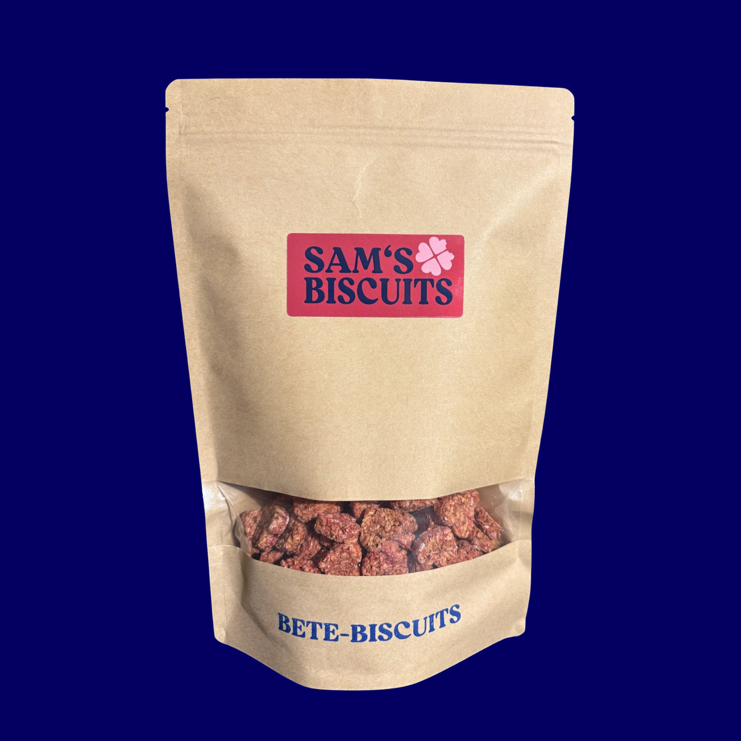 Produktfoto der Bete-Biscuits, hundeleckerlies Grosspackung der hundekeks manufaktur SAM'S BISCUITS. auf blauem hintergrund