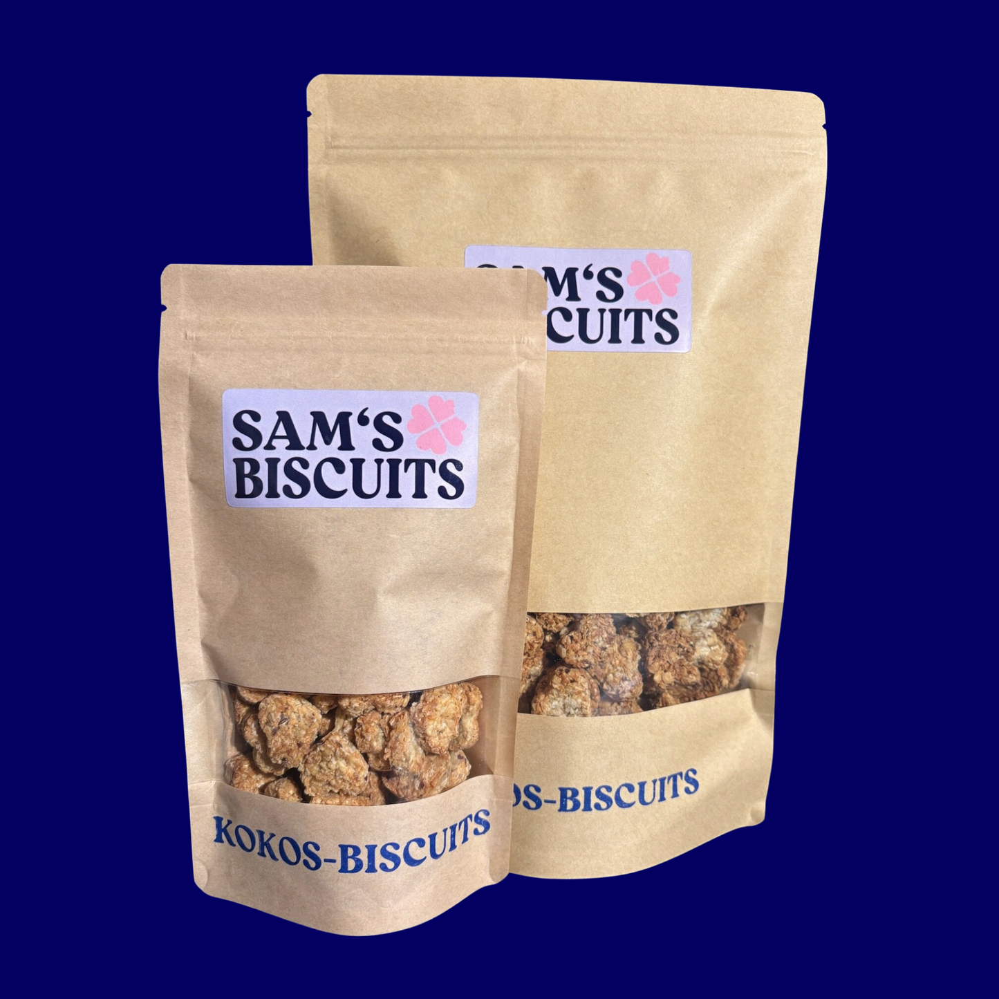 Eine Tüte KOKOS-BISCUITS 100g und KOKOS-BISCUITS 600g nebeneinander Kekse für Hunde 