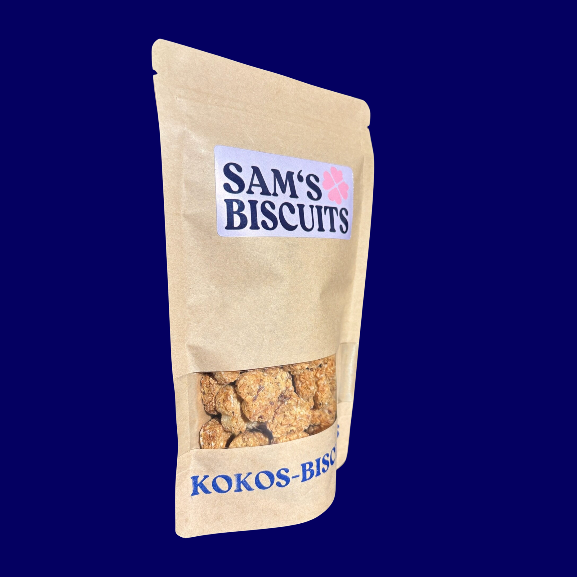 Eine 100g Tüte KOKOS-BISCUITS von SAM'S BISCUITS von der Seite fotografiert in der besondere leckerlis mit Kokos für Hunde stecken