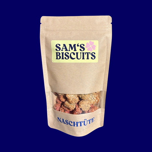 Eine Naschtüte voll mit guten Hundeleckerlis auf blauem Hintergrund