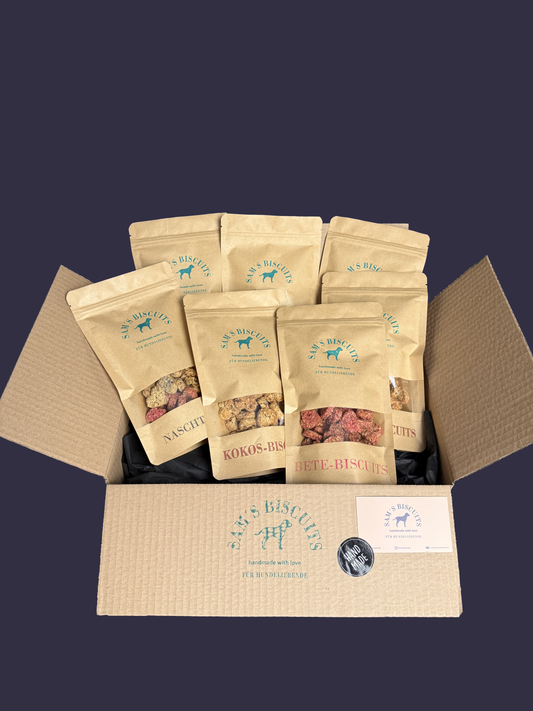 Fünf Tüten besondere Hundekekse in einem Versandkarton von SAM'S BISCUITS