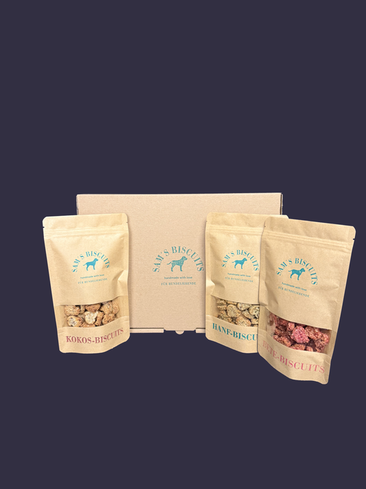 drei Tüten Hundekekse zum online kaufen vor einem Versandkarton